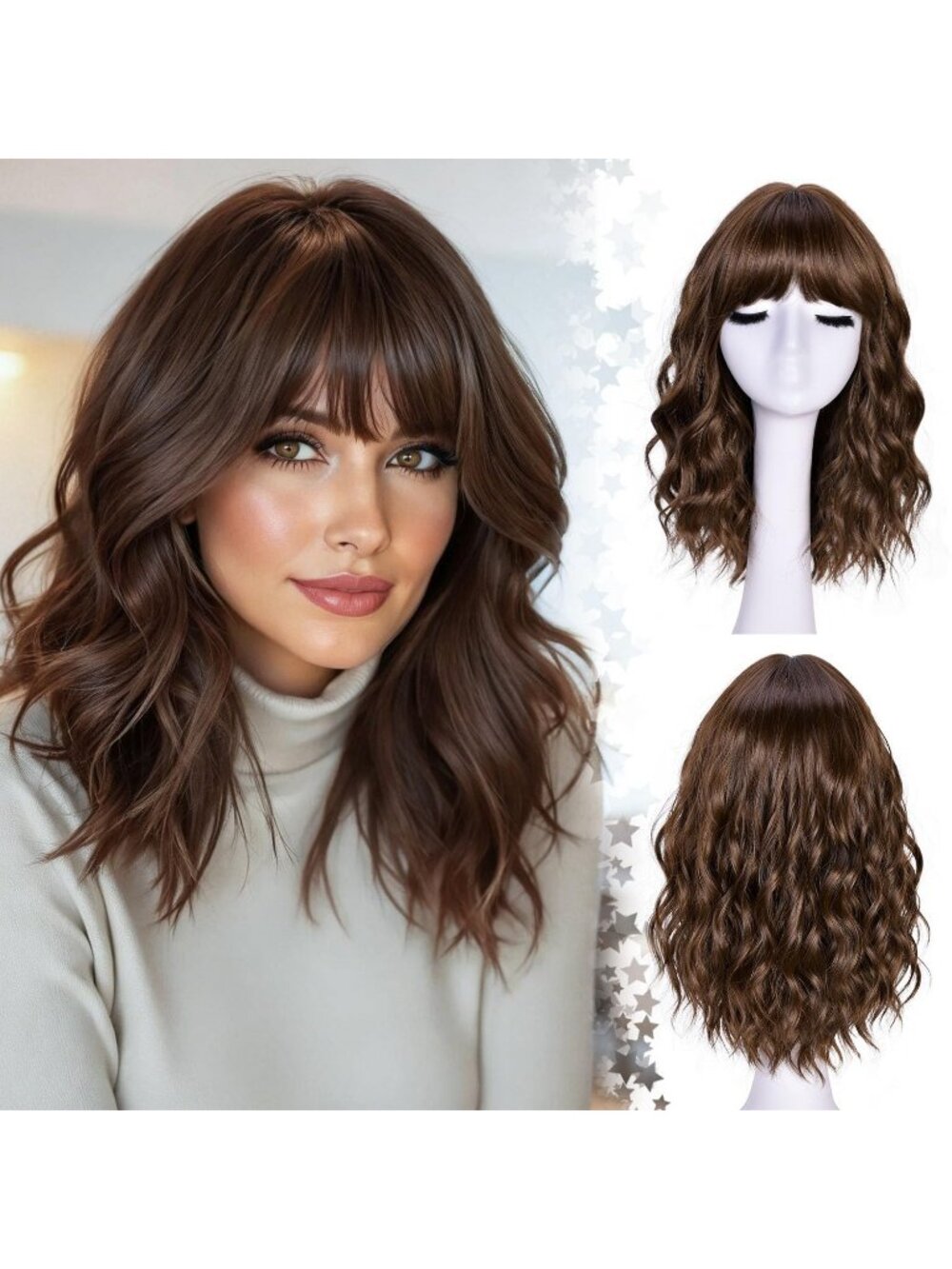 Women's Brown 14 Inch Natural Synthetic Short Curly Wavy Fiber Wigs